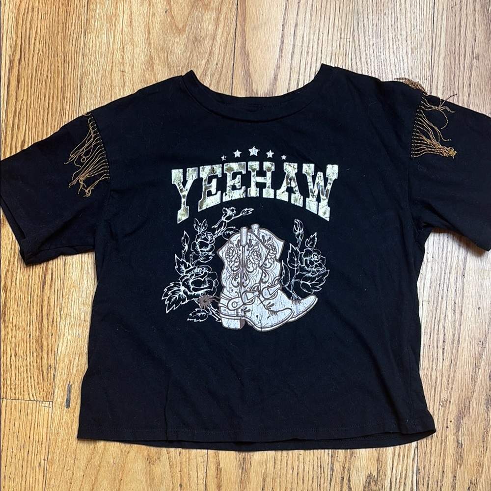 Black Yeehaw Kids T-Shirt with gold fringe on shoulder country western